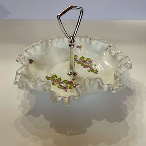 Fenton Vintage White Ruffled Glass Dish Floral Accents Purple Crest Milk Glass